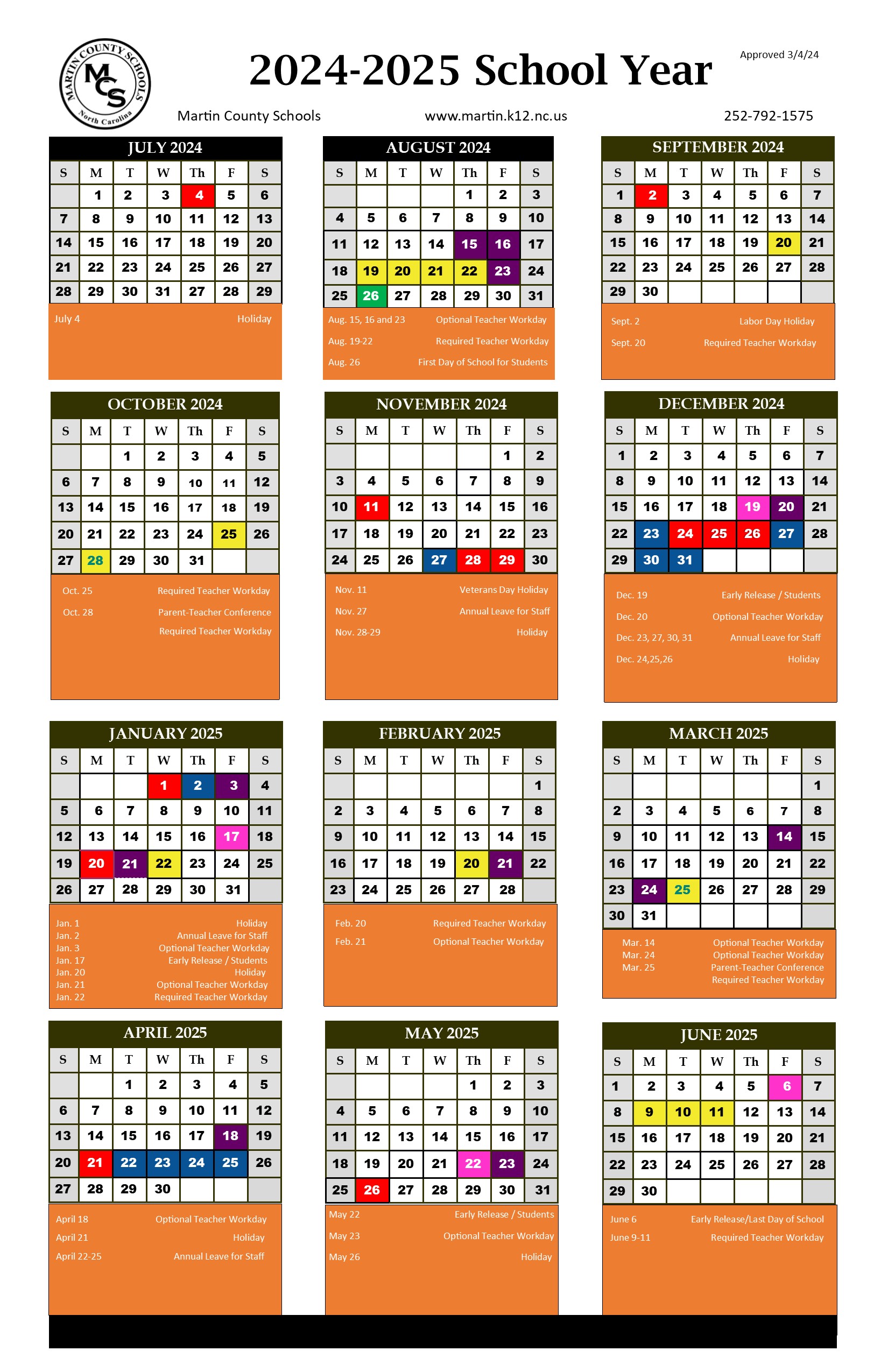 2024 2025 MCS School Calendar Martin County Schools NC