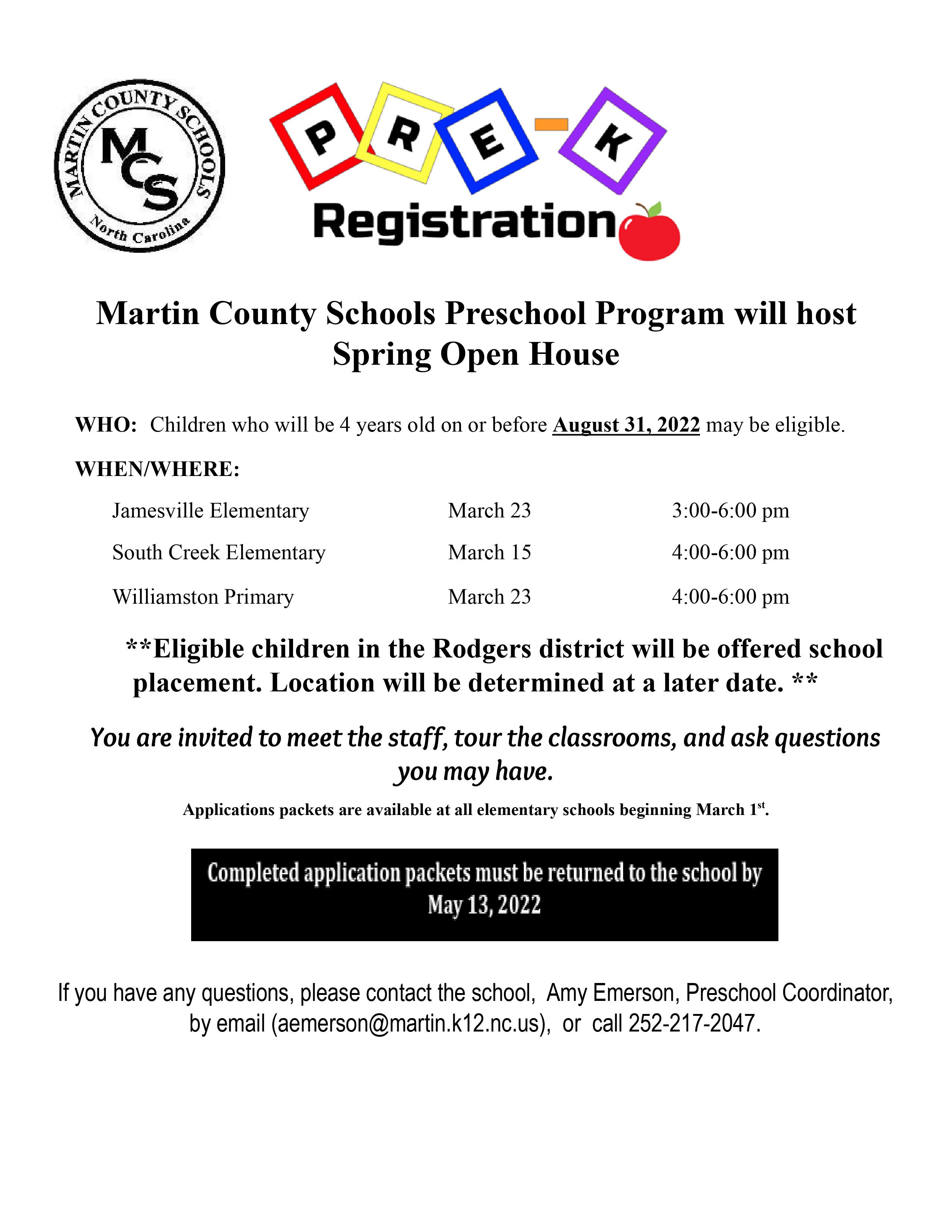 PREK REGISTRATION 2022 Martin County Schools NC