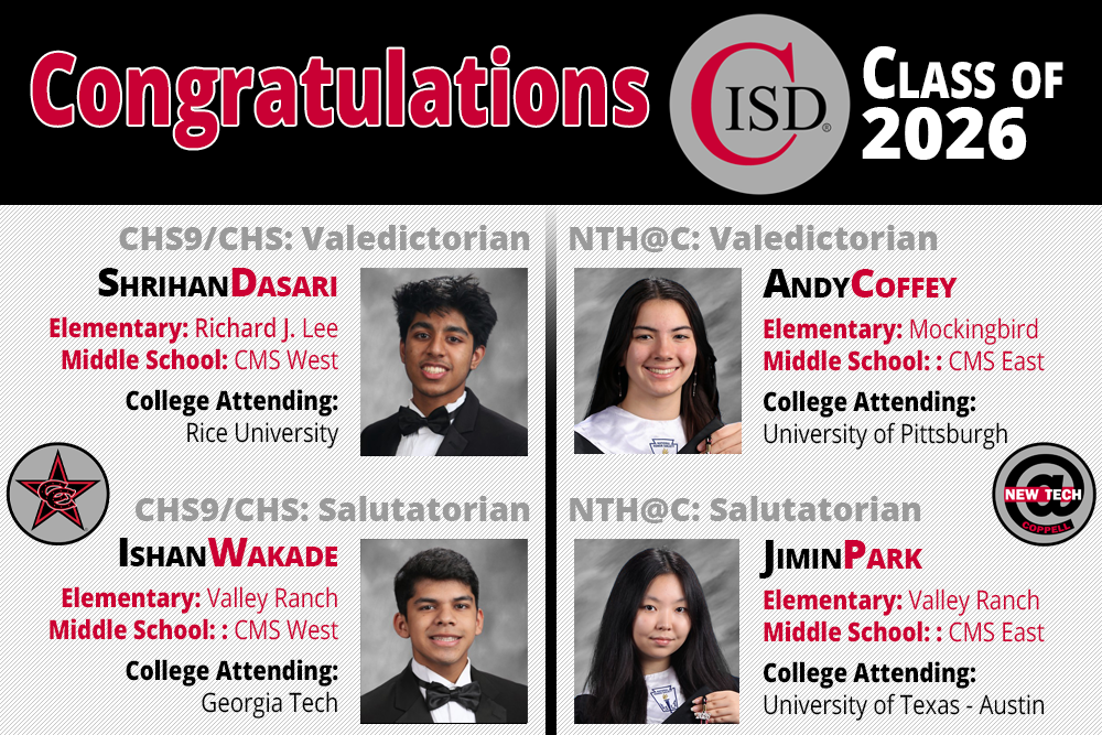Banner celebrating CISD Class of 2026 valedictorians and salutatorians, featuring student portraits, names, elementary and middle schools, and colleges they will attend: Srihan Dasari (Rice University), Andy Coffey (University of Pittsburgh), Ishan Wakade (Georgia Tech), and Jimin Park (UT Austin).