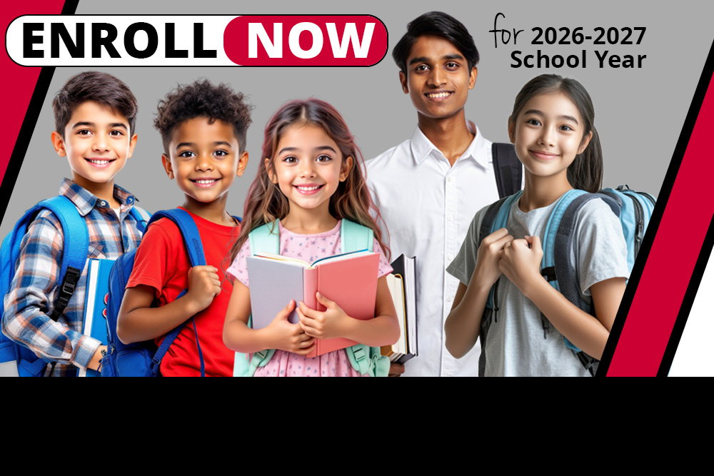 Enrollment now for the 2026–2027 school year. Banner showing five smiling students with backpacks and books on a gray background with red and black accents.