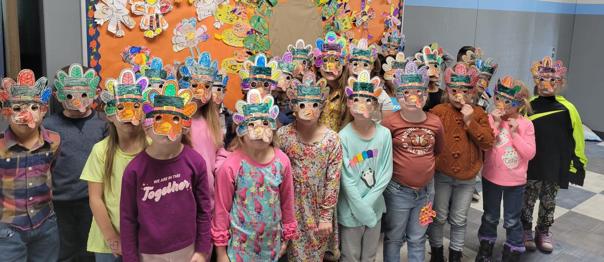Geronimo Elementary Students wearing Thanksgiving masks