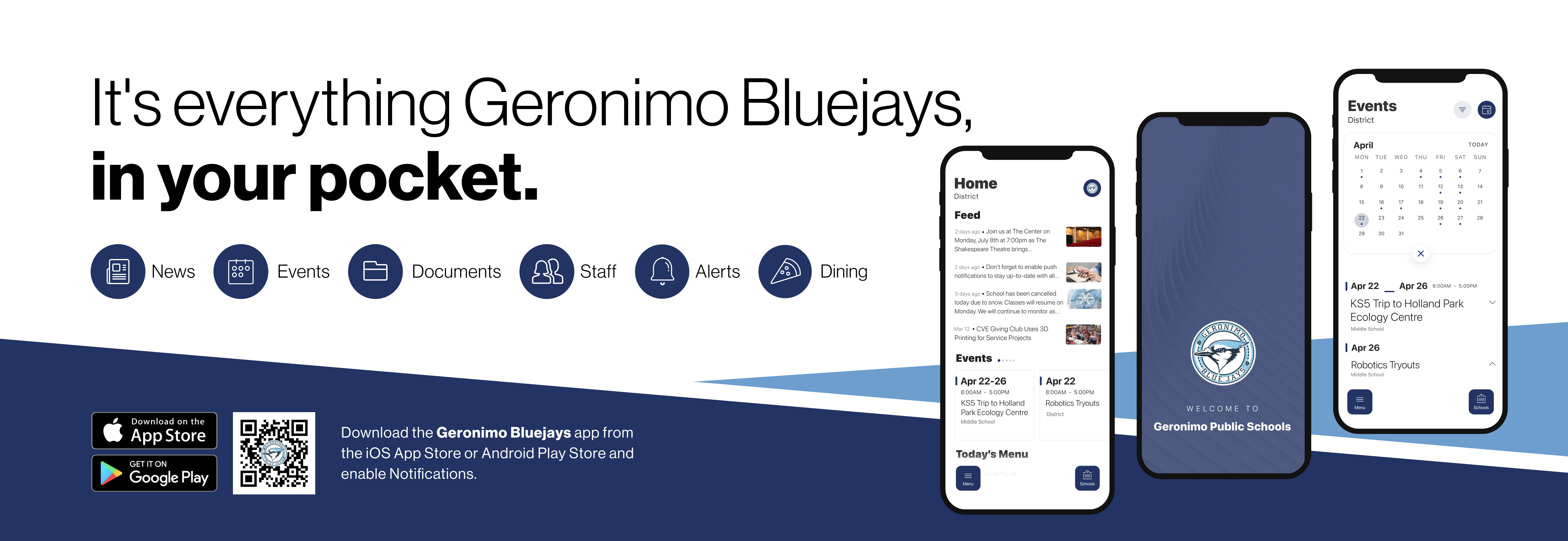 Download the Geronimo Bluejays app from the iOS App Store or Android Play Store and enable Notifications.