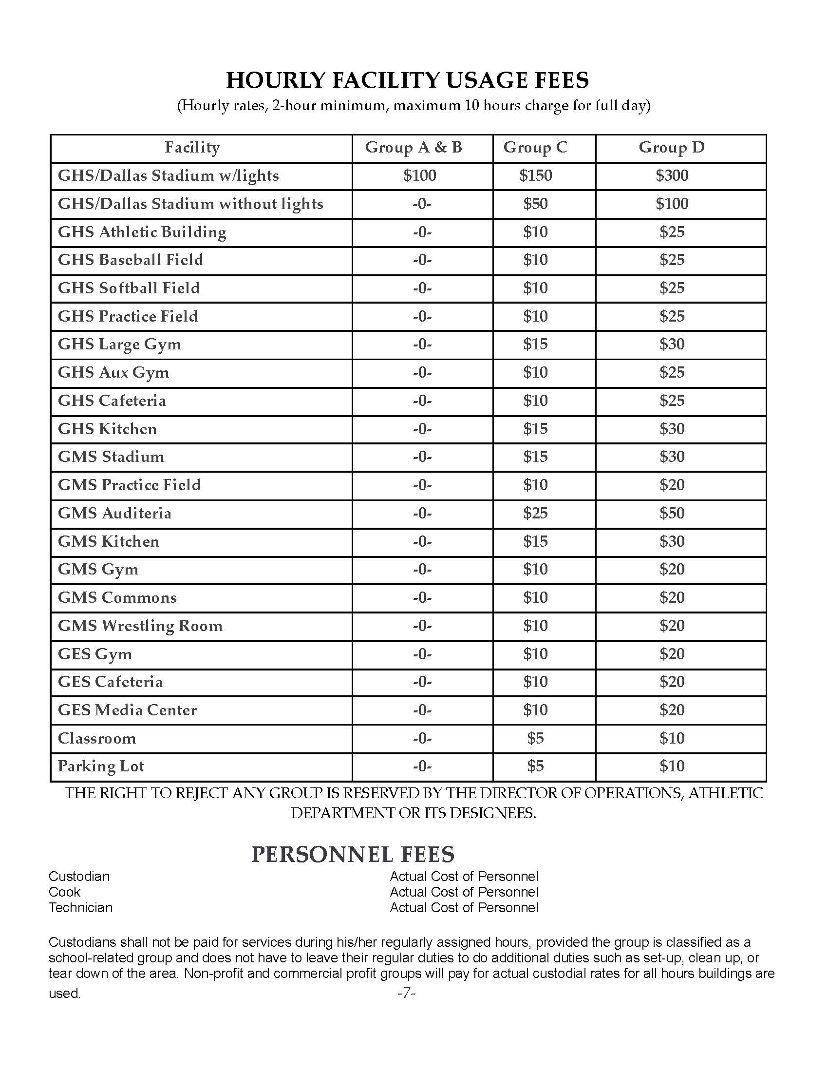 facility cost guidlines