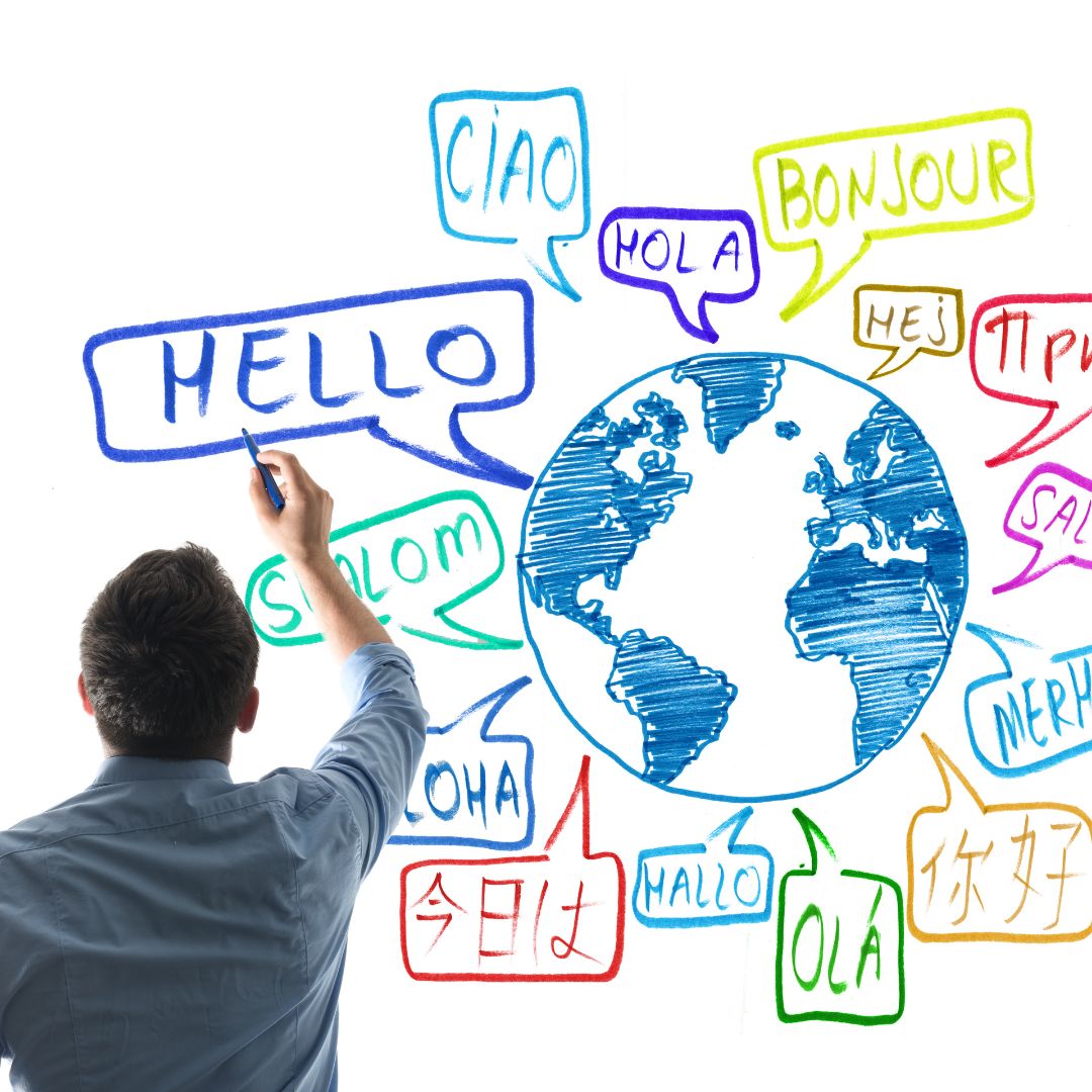 man adding languages to a globe surrounded by different ways to say hello