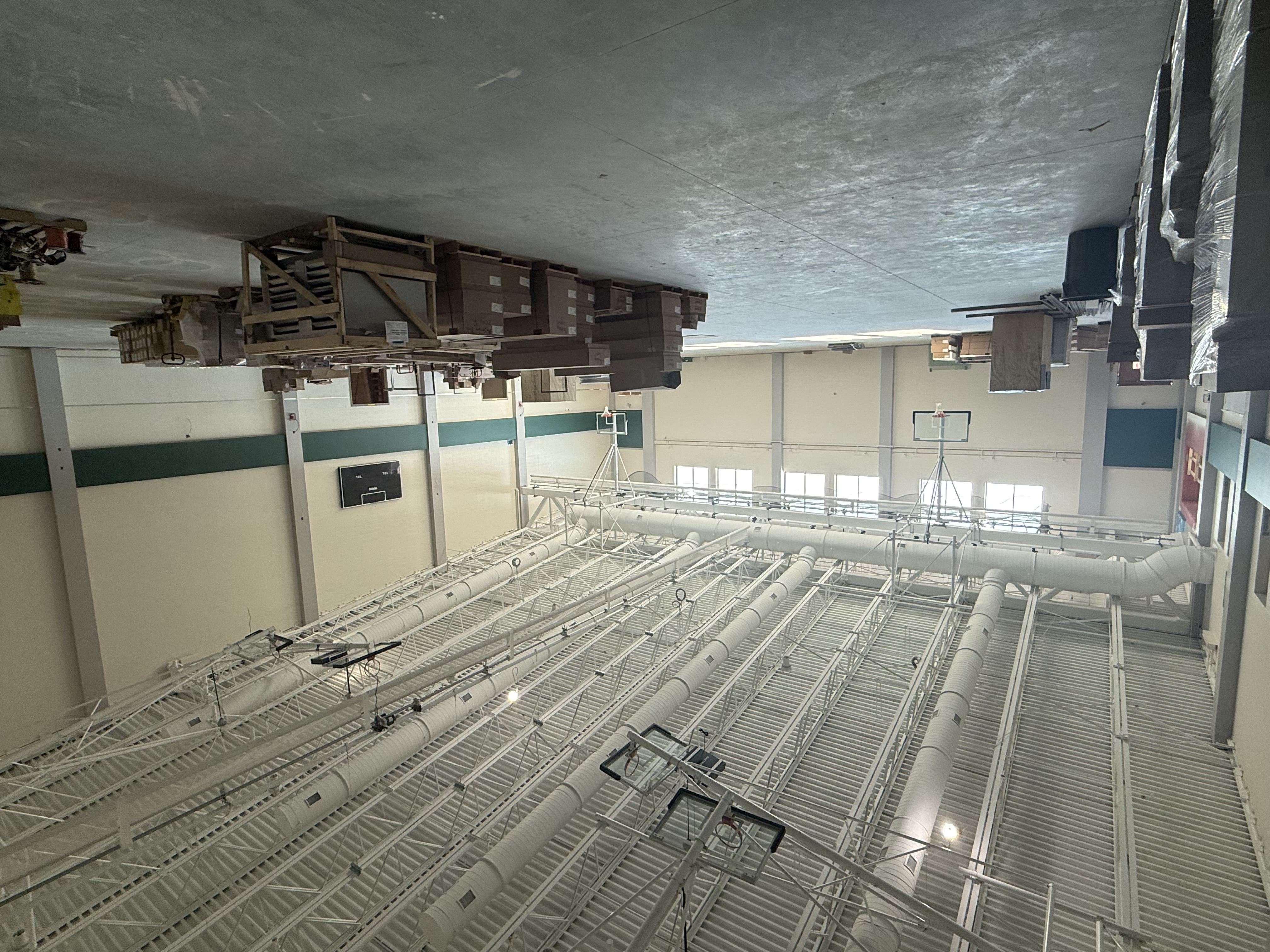 Boxes sit in the unfinished gym in the new NRHS.