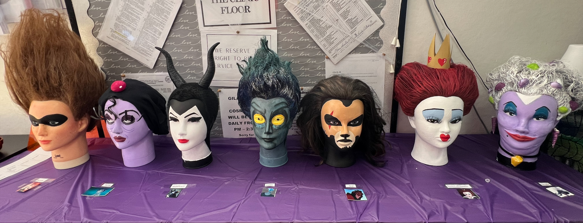 Halloween Cosmetology hair and makeup styles on mannequins