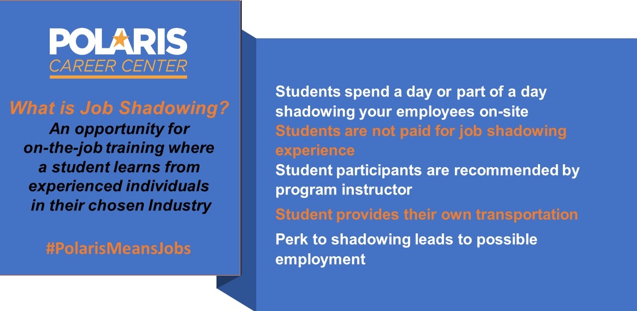 Polaris Career Center. What is Job Shadowing? An opportunity for on-the-job training where a student learns from experienced individuals in their chosen Industry. #PolarisMeansJobs. Students spend a day or part of a day shadowing your employees on-side. Students are not paid for job shadowing experience. Student participants are recommended by program instructor. Student provides their own transportation. Perk to shadowing leads to possible employment.