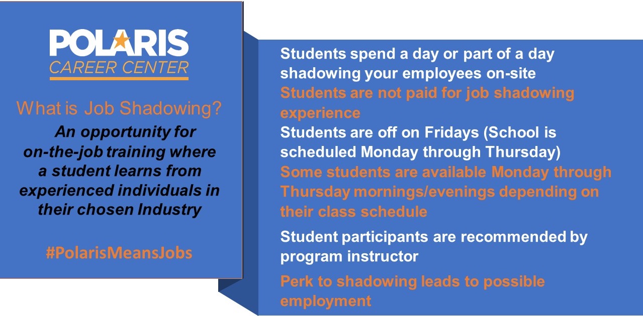 What is Job Shadowing? An opportunity for on-the-job training where a student learns from experienced individuals in their chosen industry. #PolarisMeansJobs. Students spend a day or part of a day shadowing your employees on-site Students are not paid for job shadowing experience Students are off on Fridays (School is scheduled Monday through Thursday) Some students are available Monday through Thursday mornings/evenings depending on their class schedule Student participants are recommended by program instructor Perk to shadowing leads to possible employment