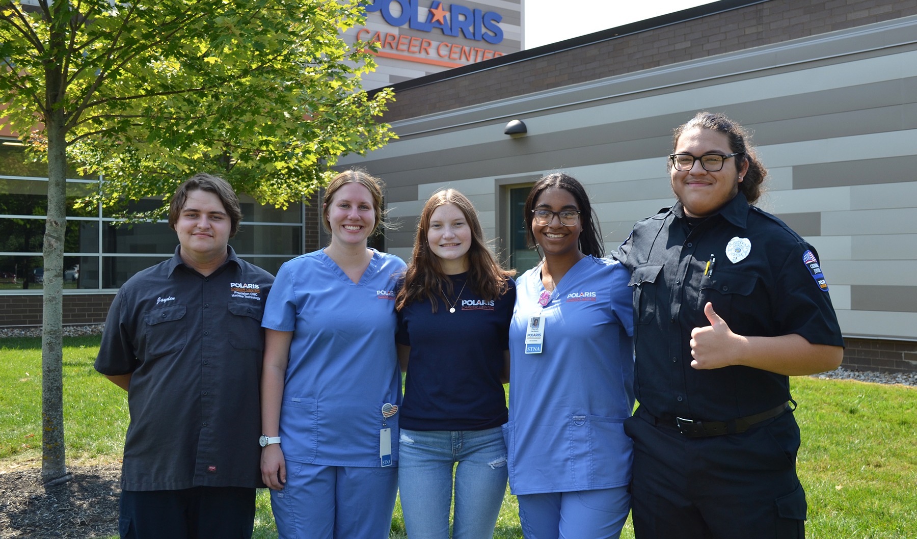 student ambassadors outside of polaris career center building