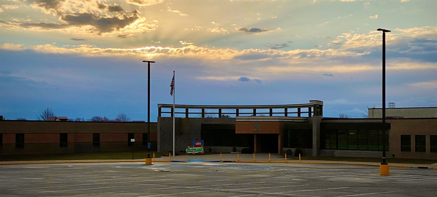 Veterans Elementary building at sunrise