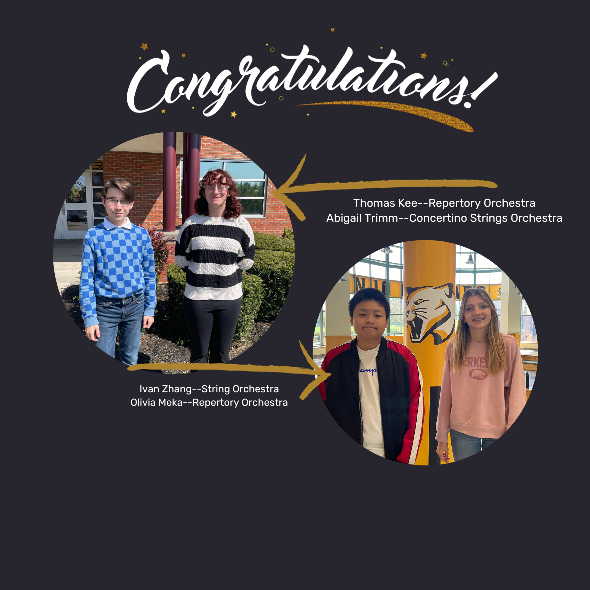 photos of the four students. Two in front of the middle school and two in the high school lobby. 