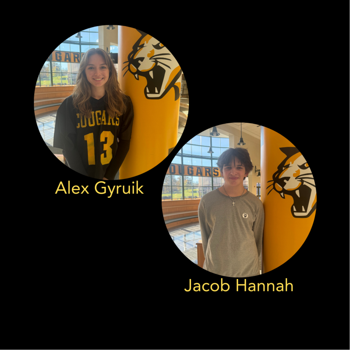 Alex Gyruik and Jacob Hannah are shown in separate photos standing in front of a pillar wrapped in a Canjo Cougar sports logo. 