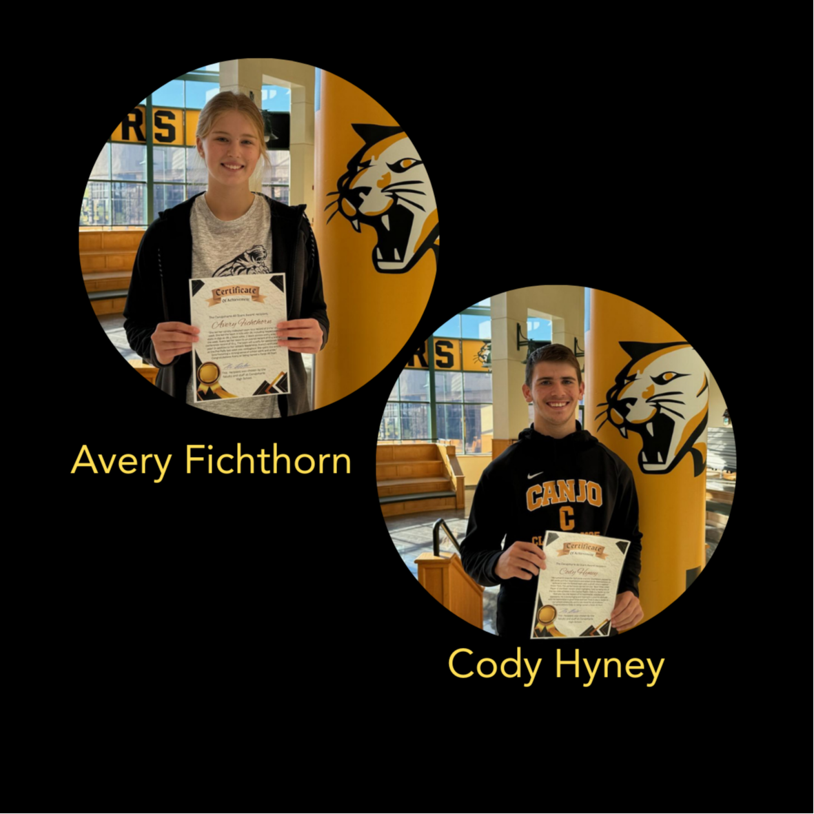 Avery Fichthorn and Cody Hyney are shown in separate photos standing next to a pillar wrapped in a decal of the Canjo Cougar. 