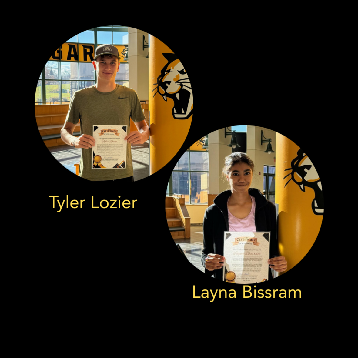 Tyler Lozier and  Layna Bissram are shown in separate photos holding their certificates