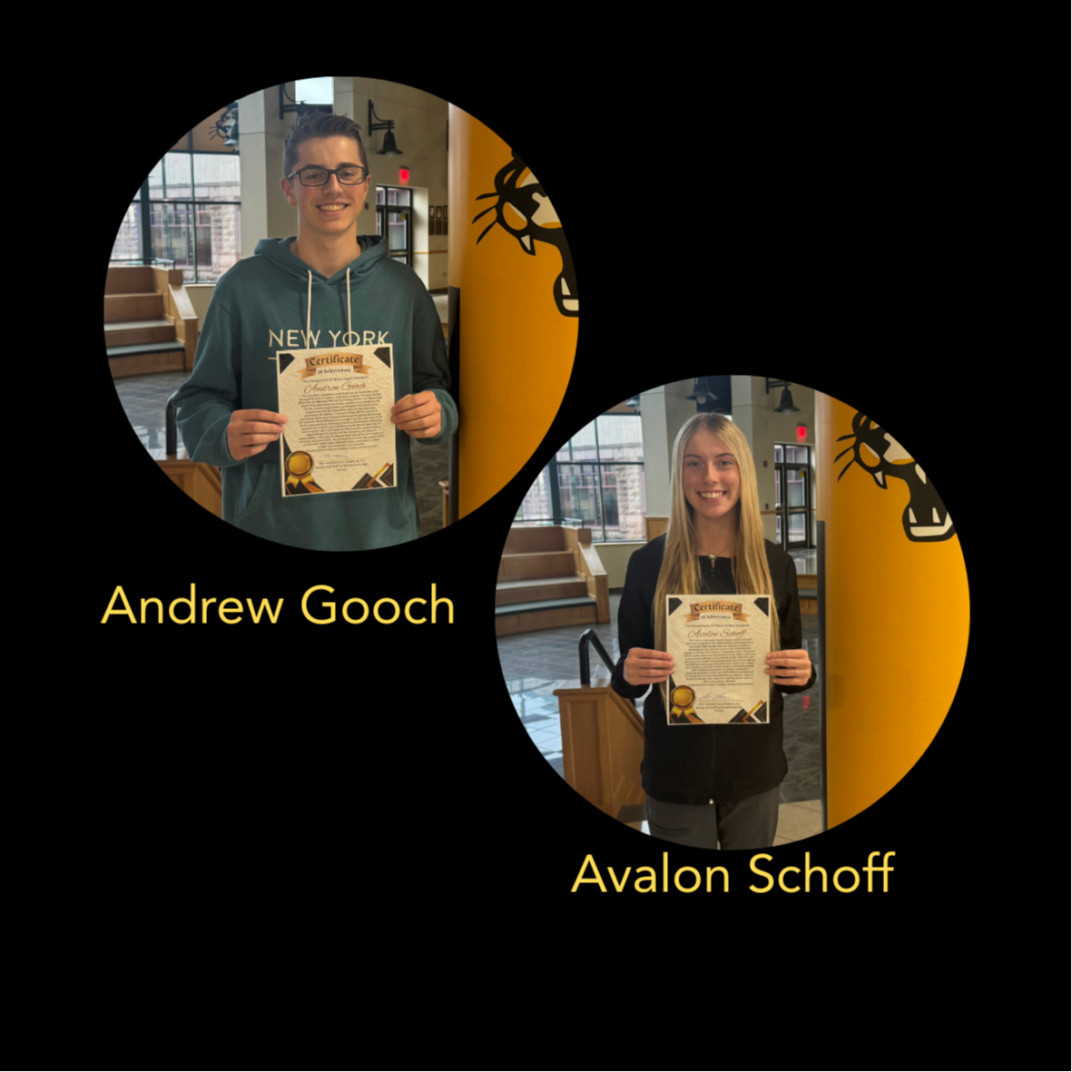 Gooch and Schoff are shown in separate photos holding their certificates