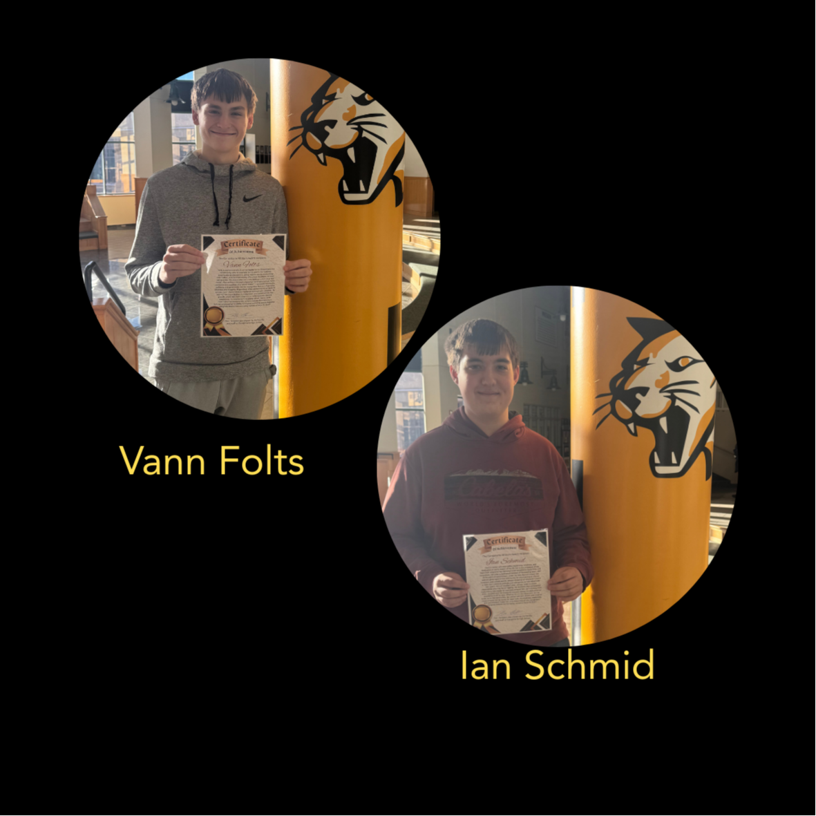 Ian Schmid and Vann Folts are shown in separate photos holding their certificates