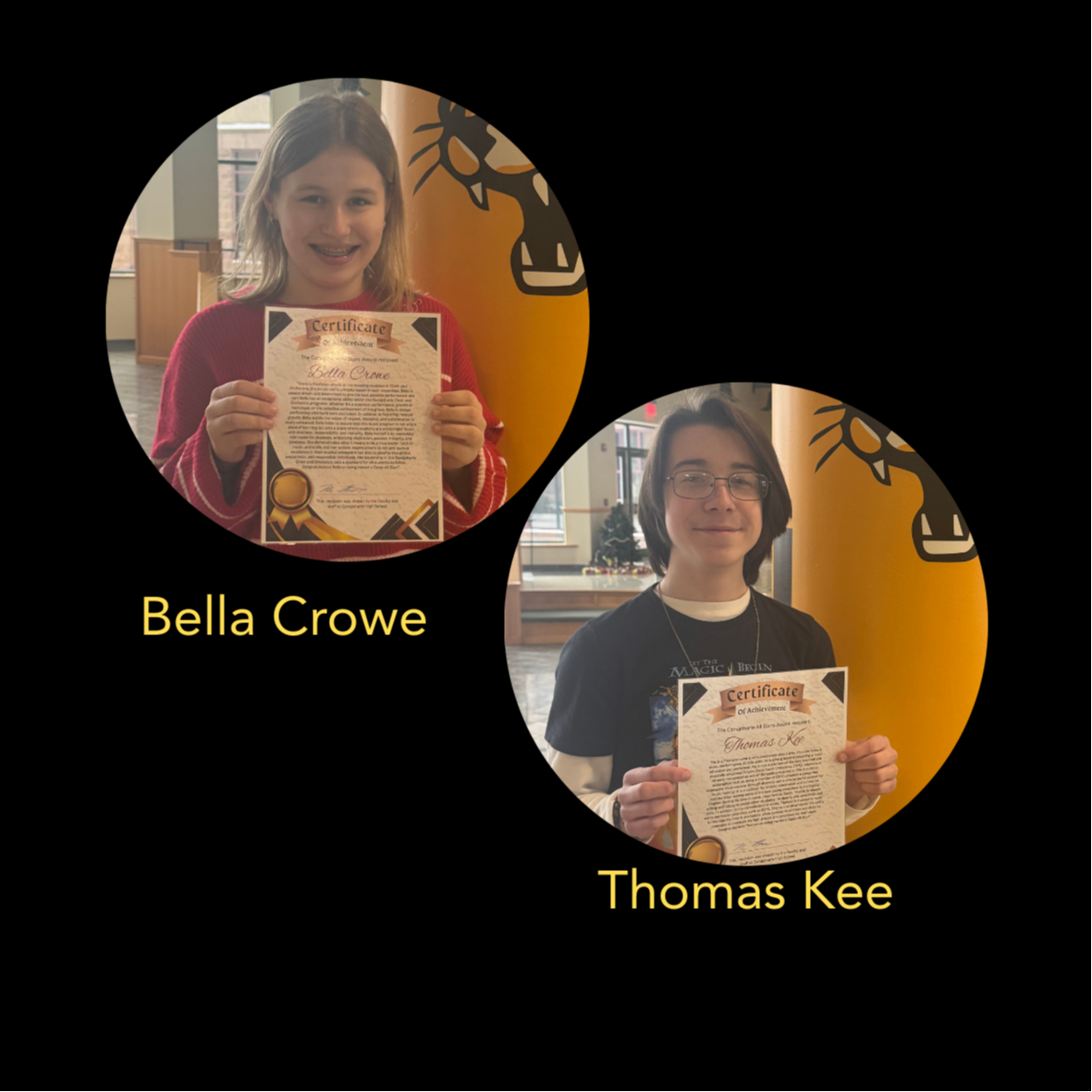 Crowe and Kee are shown in separate photos holding their certificates