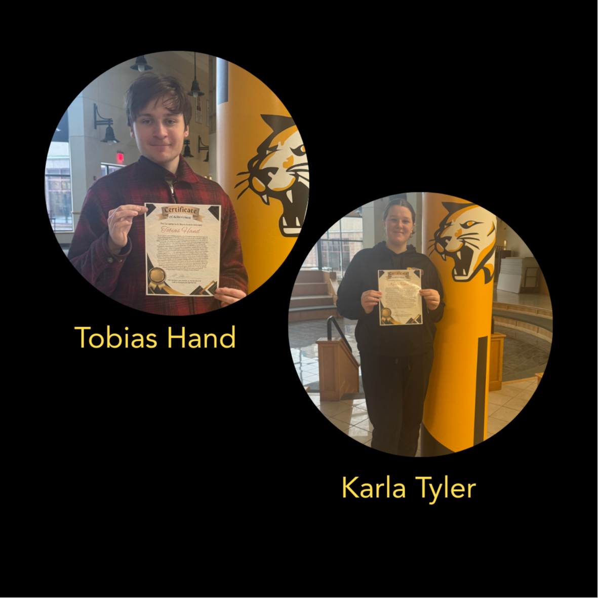 Hand and Tyler are shown in separate photos holding their certificates