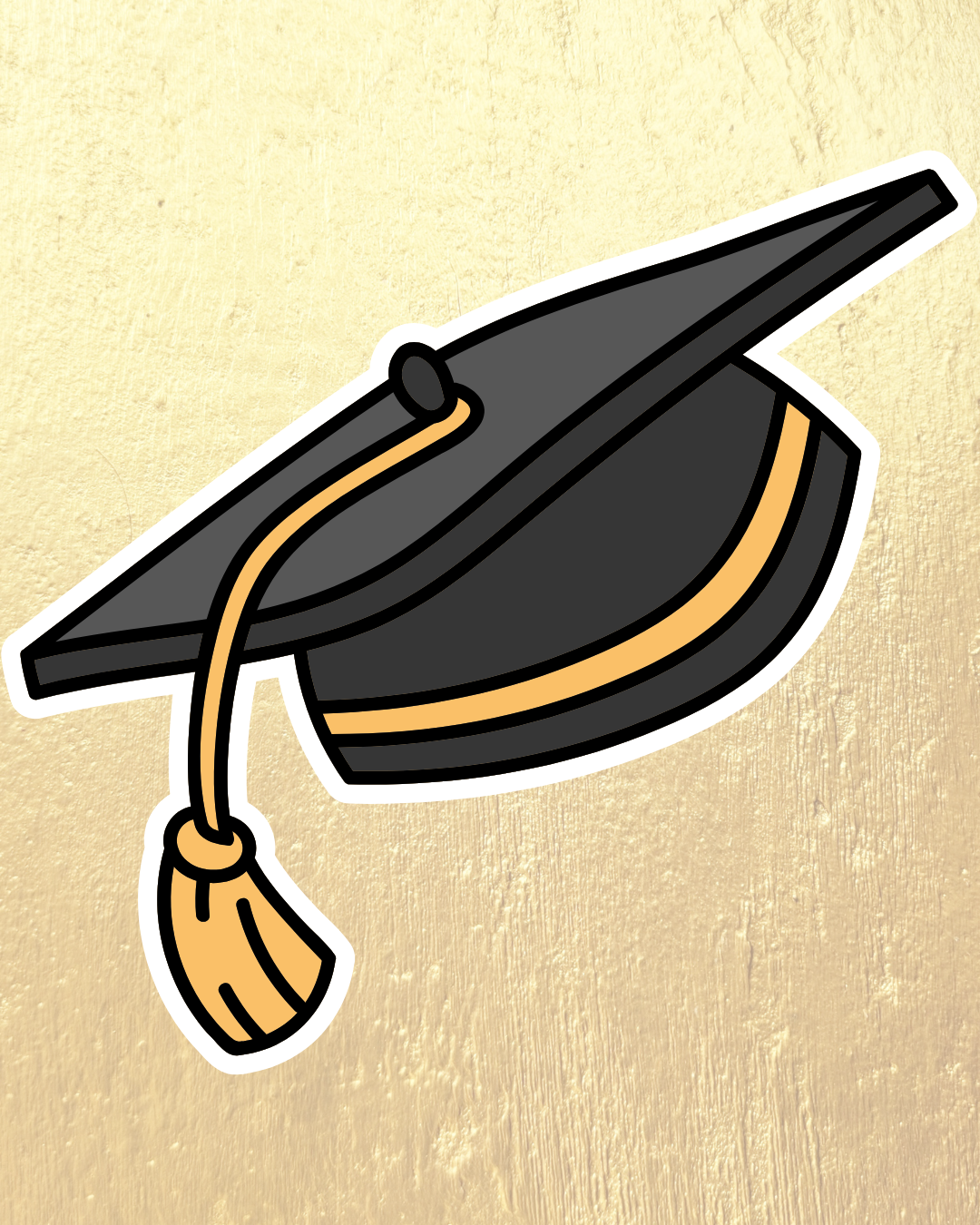 A graphic of a black graduation cap with a gold ribbon against a gold background