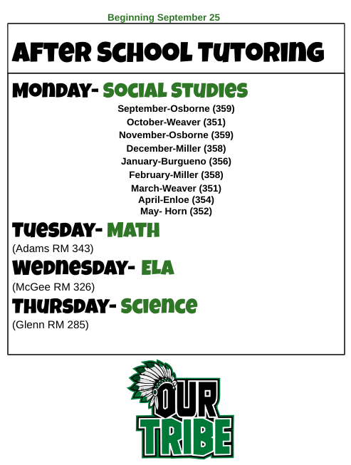 Tutoring Schedule Monday Social Studies Tuesday Math Wednesday ELA Thursday Science