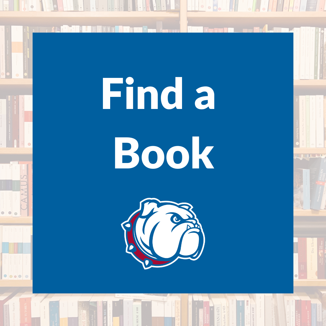 A library book shelf is shown behind the bulldog logo and Find a Book in white lettering