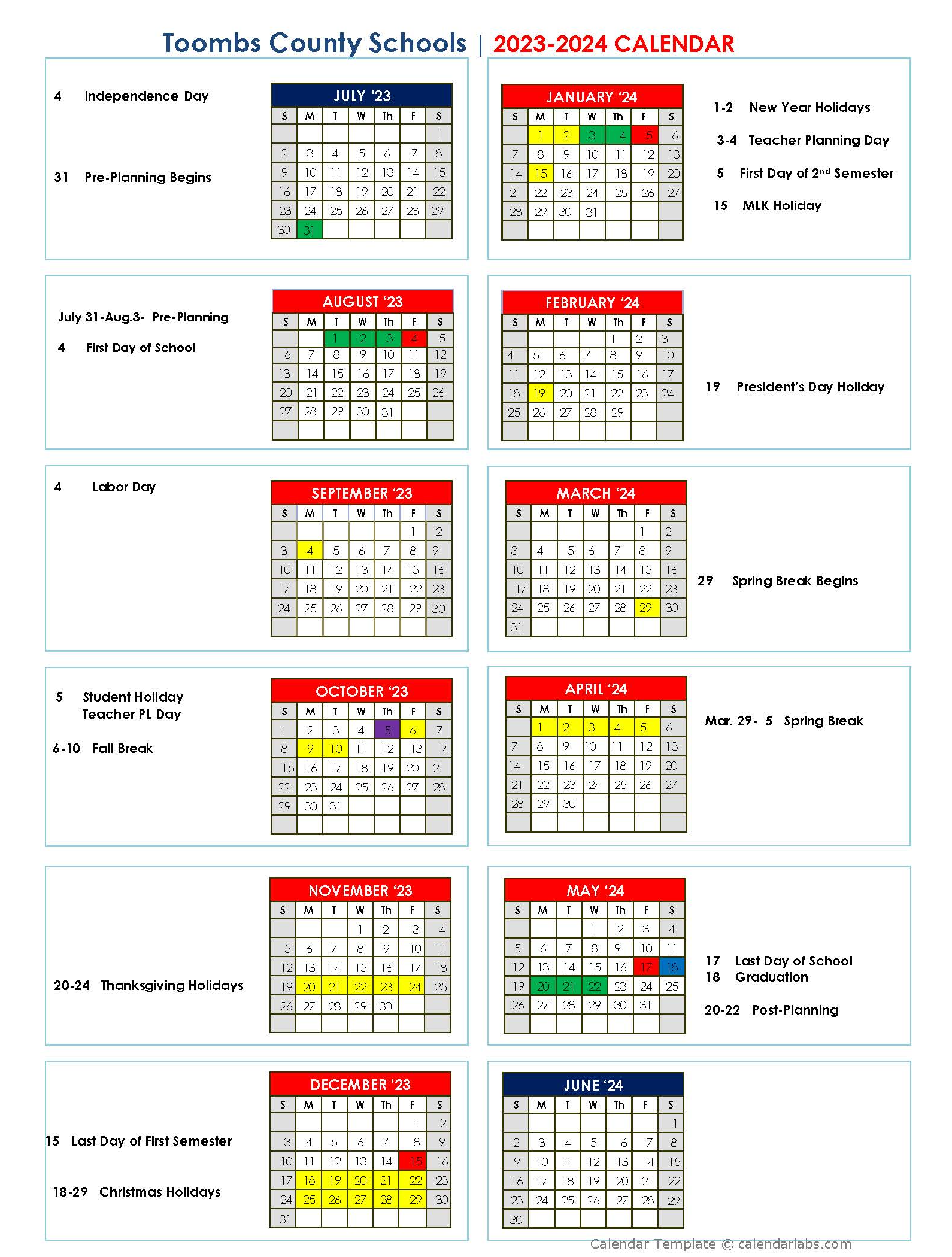 2023 2024 School Calendar Toombs County High School