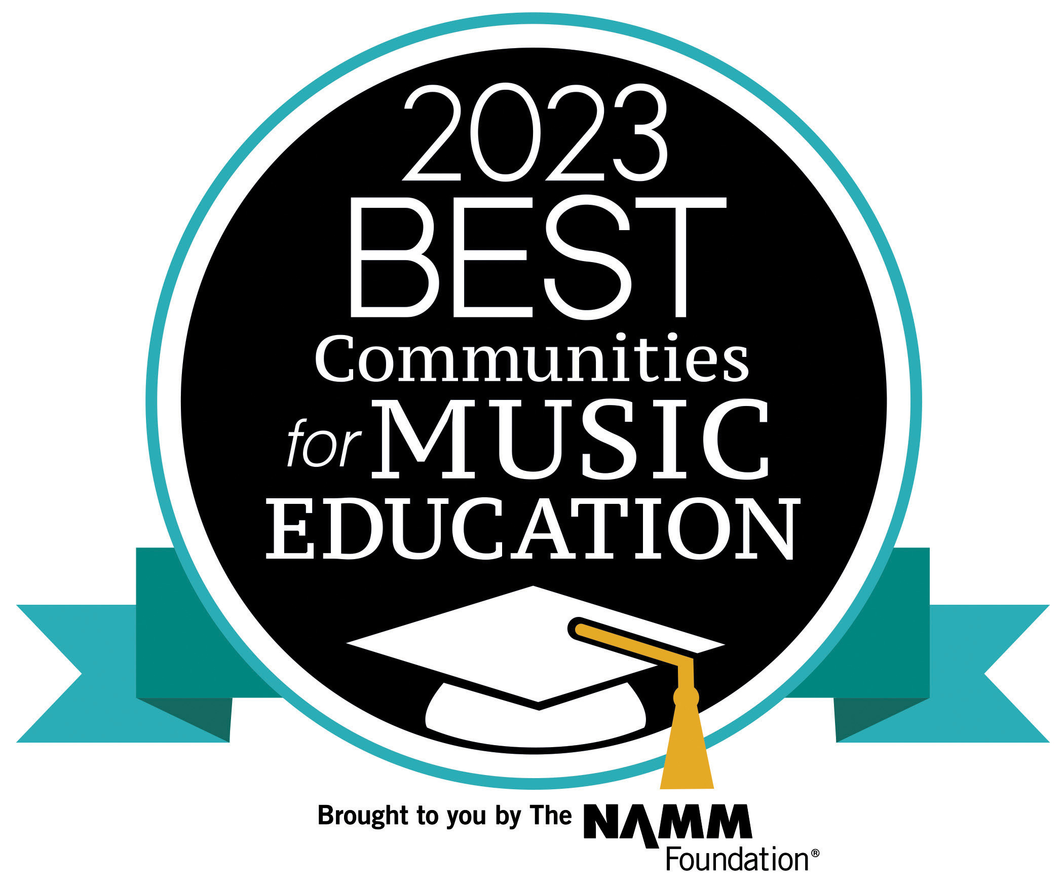 2023 Best Communities for Music Education logo with white grad hat