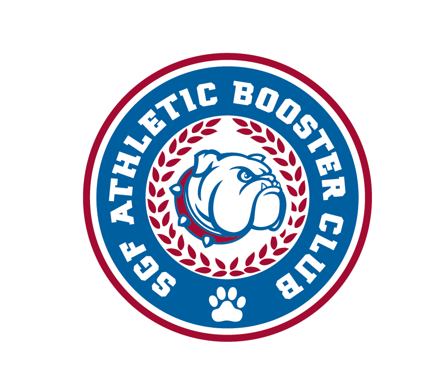 Bulldog logo in front of a red laurel wreath encased in a blue circle with SGF Athletic Booster Club written in it. 