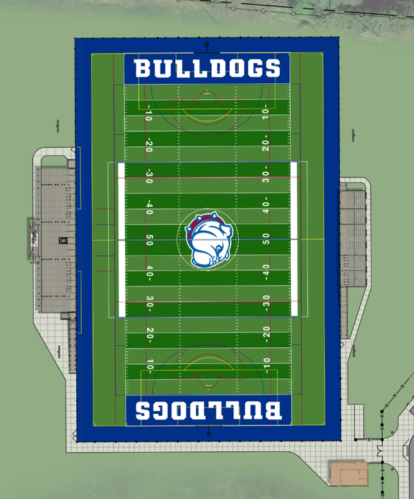 A  rendering of green turf field with Bulldogs written on the end zones