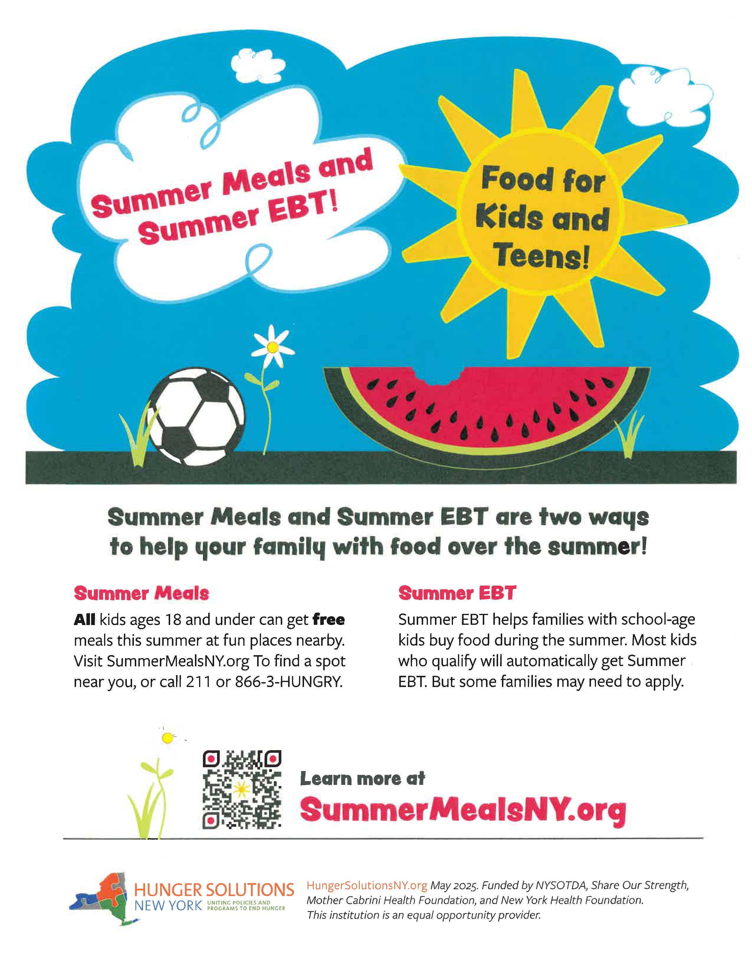 A colorful graphic promotes "Summer Meals and Summer EBT! Food for Kids and Teens!" with a sun, clouds, watermelon, and soccer ball.