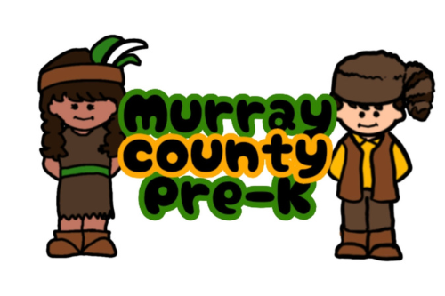 Two children in traditional clothing, one with a feathered headdress, standing with "Murray County Pre-K" written in yellow.