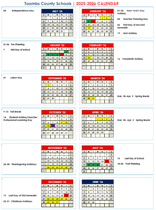 Toombs County Schools 2025-2026 Calendar