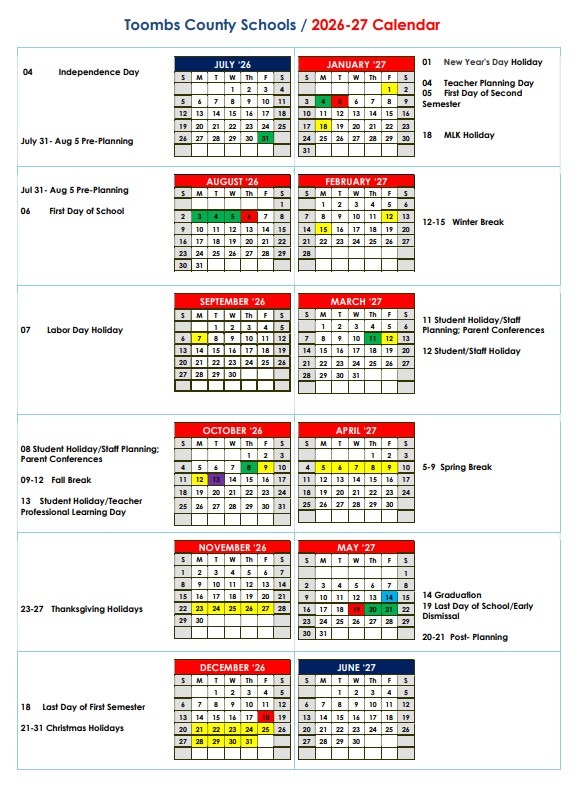 Toombs County Schools 2026-2027 Calendar