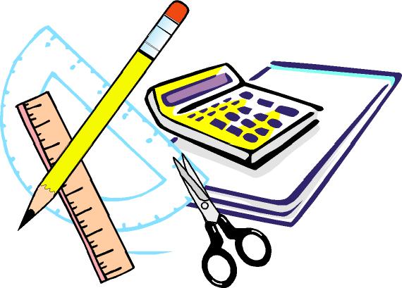 cartoon image of pencil, ruler, calculator and other school supplies