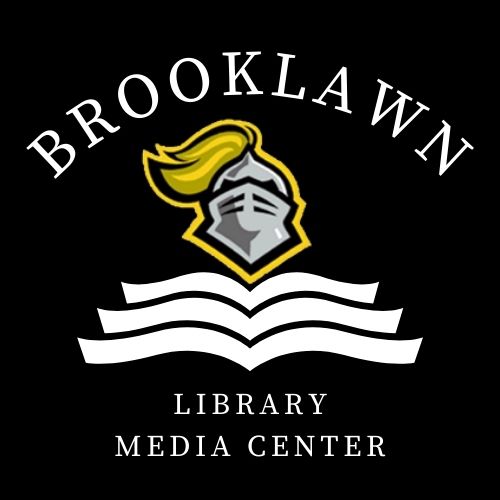 brooklawn library media center graphic of open book with knights helmet on top