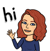 bitmoji with red hair waving and saying hi