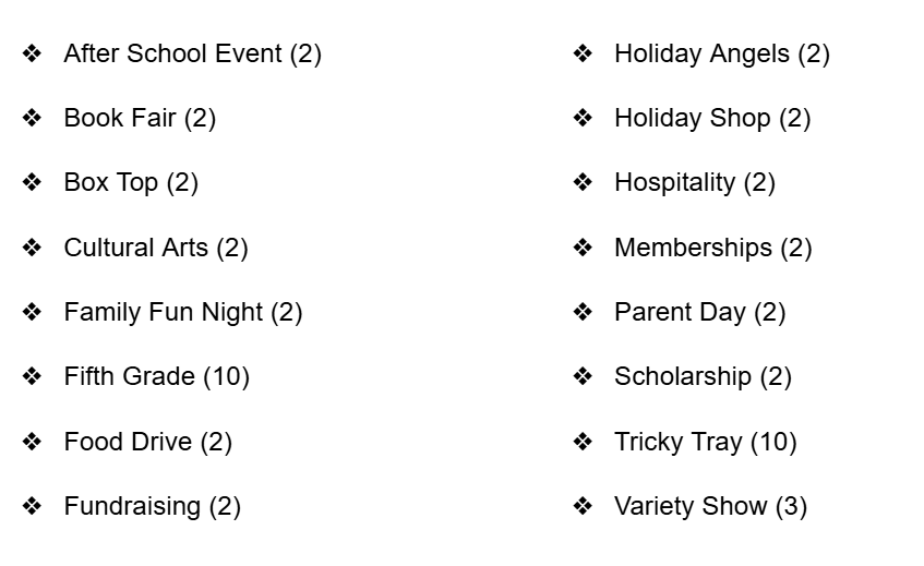 After School Event (2) Holiday Angels (2) Book Fair (2) Holiday Shop (2) Box Top (2) Hospitality (2) Cultural Arts (2) Memberships (2) Family Fun Night (2) Parent Day (2) Fifth Grade (10) Scholarship (2) Food Drive (2) Tricky Tray (10) Fundraising (2) Variety Show (3)