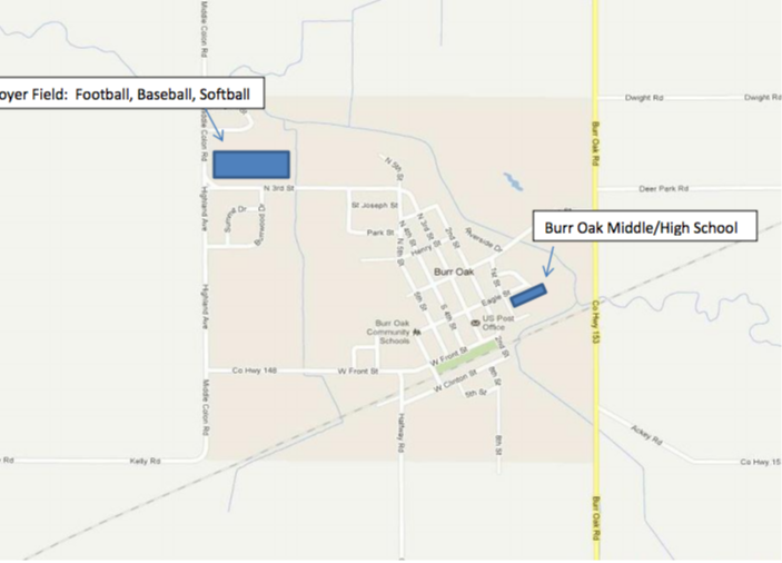 An image of a map showing the location of the Boyer Field: Football, Baseball, Softball; and the Burr Oak Middle/High School.