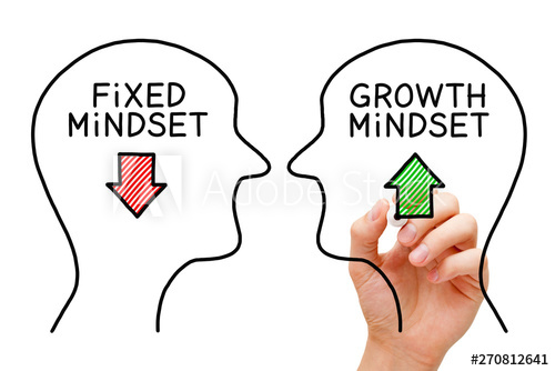 A photo of a hand drawing 2 faces facing each other. One face has a down red arrow with the word "Fixed Mindset", and the other one with an up green arrow with the words "Growth Mindset".
