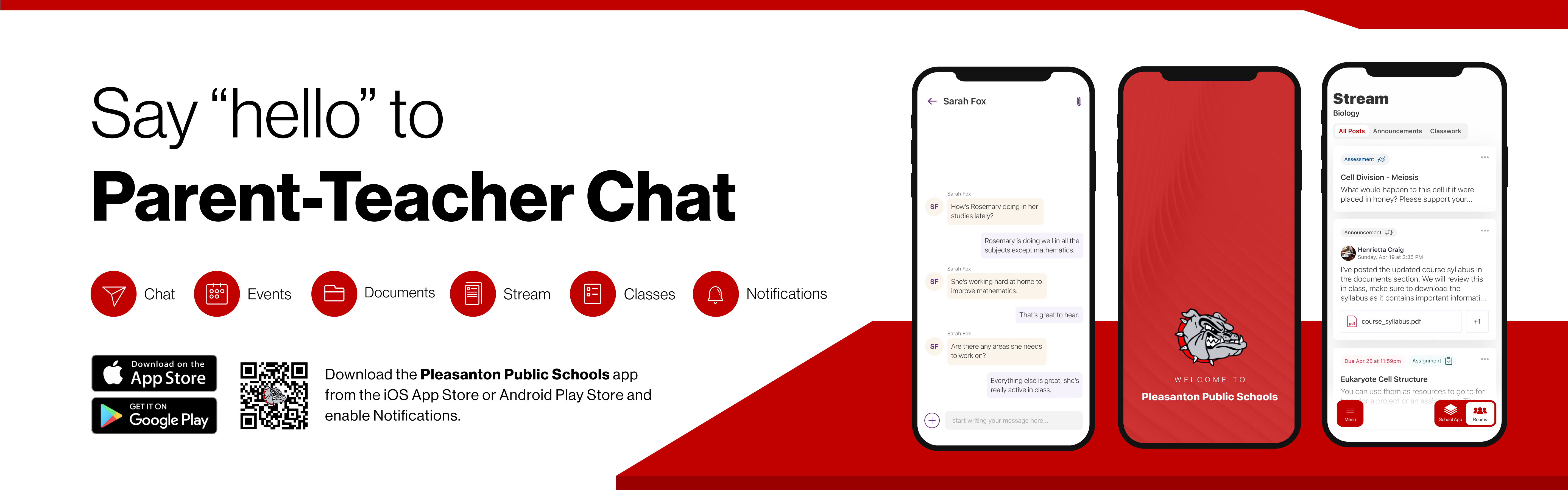 Say hello to Parent-Teacher chat in the new Rooms app. Download the Pleasanton Public Schools app in the Google Play or Apple App store.