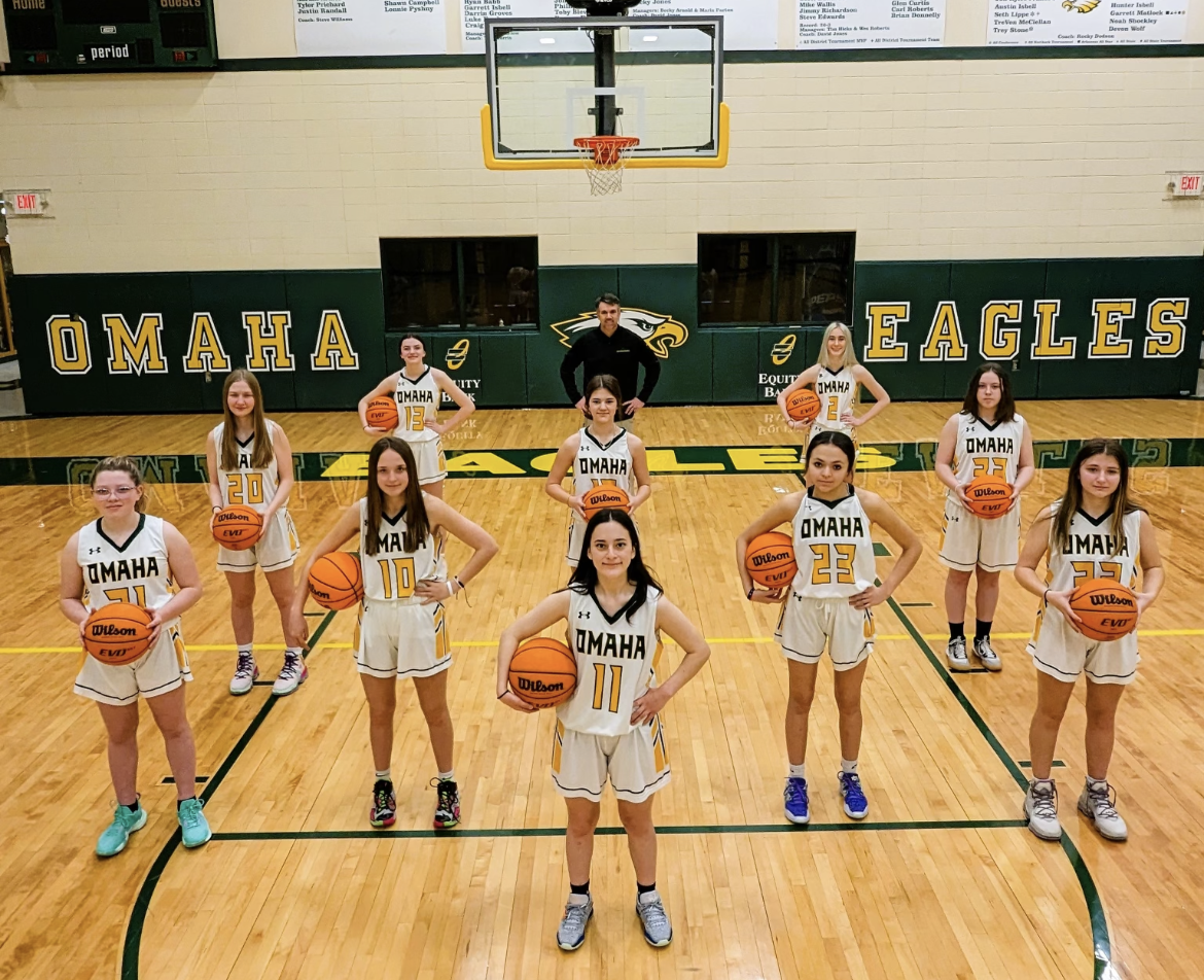 girls basketball team holding basketballs in gym