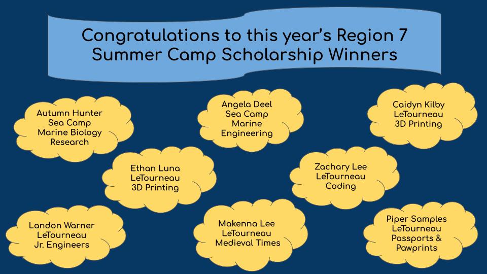 Region 7 Summer Camp Scholarship Winners