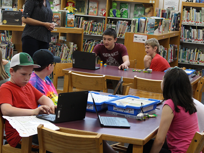 Students working in the library