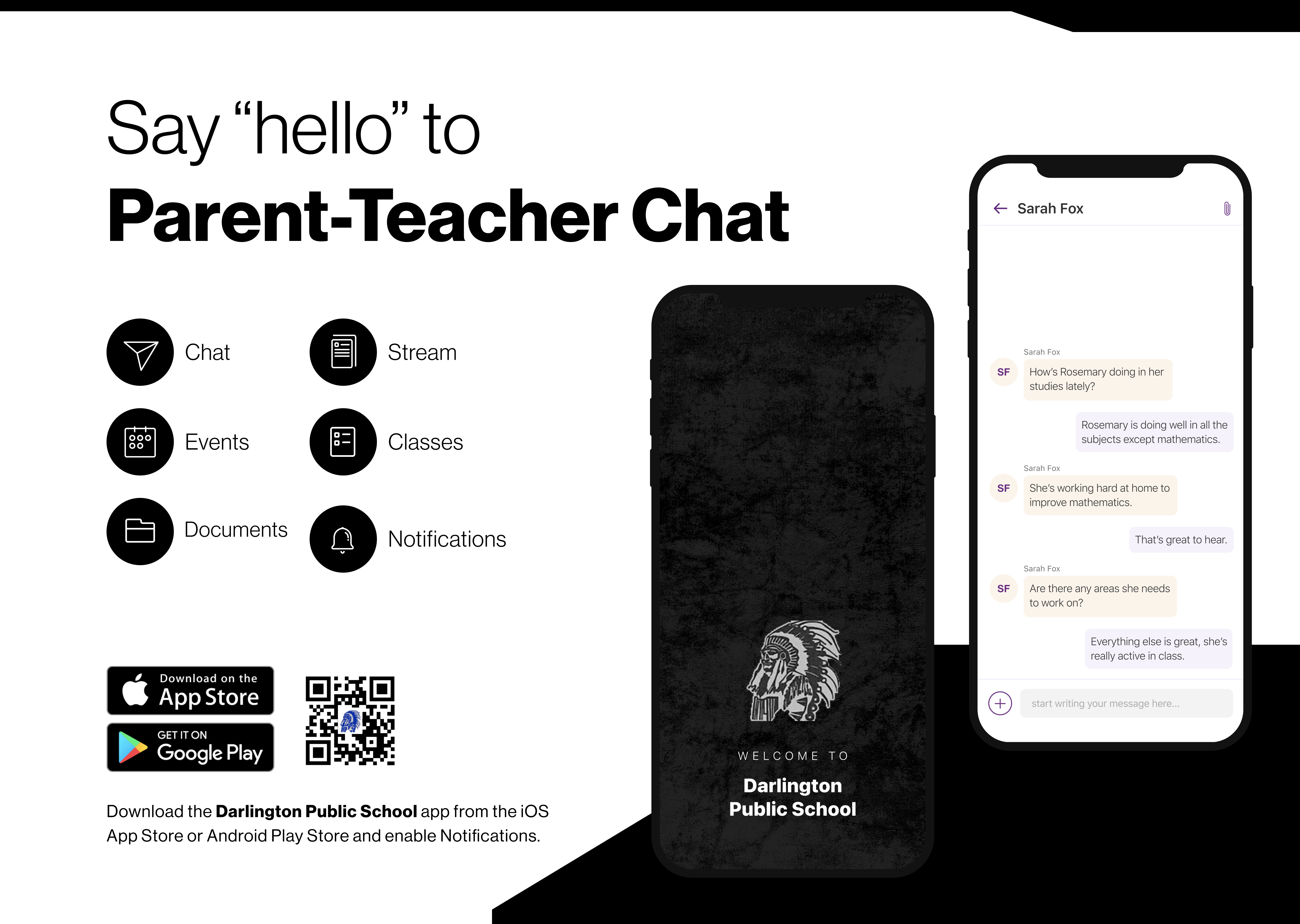 Say hello to Parent-Teacher chat in the new Rooms app. Download the Darlington Public School app in the Google Play or Apple App store