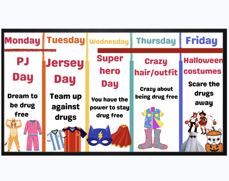 Red Ribbon Week. M-pjs, T-jersey, W-superhero, Th-crazy, F-halloween costume
