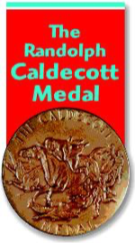 the randolph caldecott medal with bronze coin on red ribbon