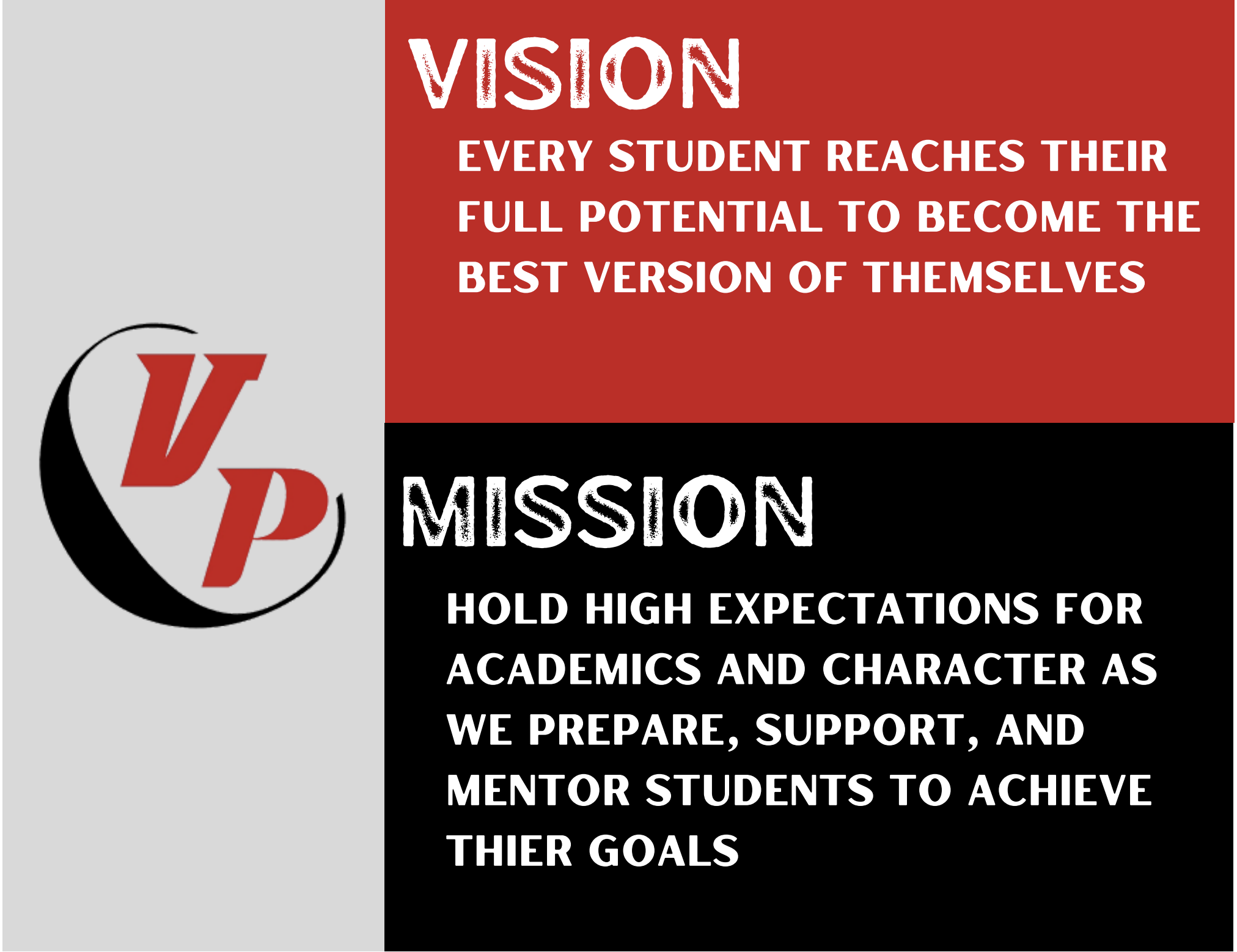 Vision: Every student reaches their full potential to become the best version of themselves. Mission: Hold high expectations for academics and character as we prepare, support, and mentor students to achieve their goals. 