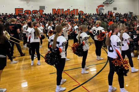 Cheer team participates in Raiders Together at EMS fall 2022.