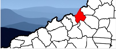 Map with Avery County Highlighted and mountains in the background