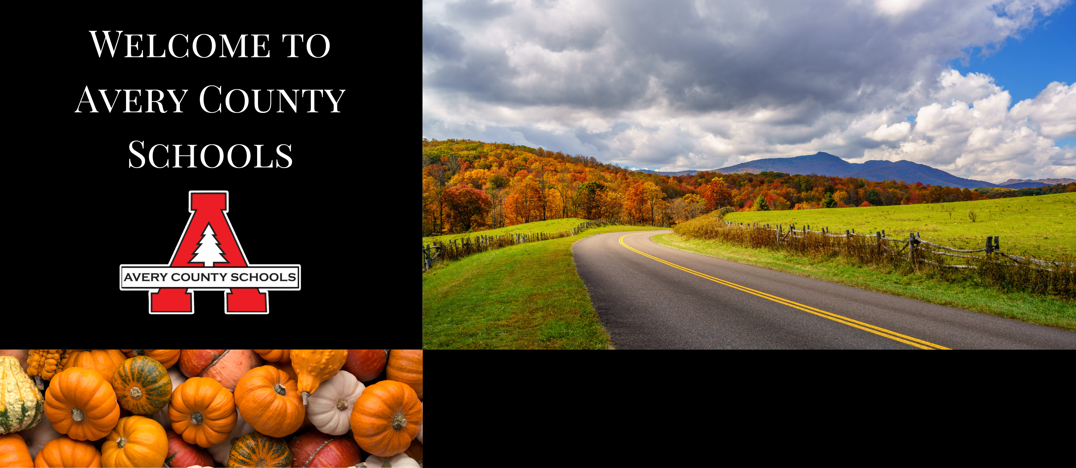 Welcome to Avery County Schools banner with the school's red 'A' logo. The background shows a scenic rural road winding through vibrant fall foliage in the mountains, with pumpkins and gourds displayed at the bottom of the image.